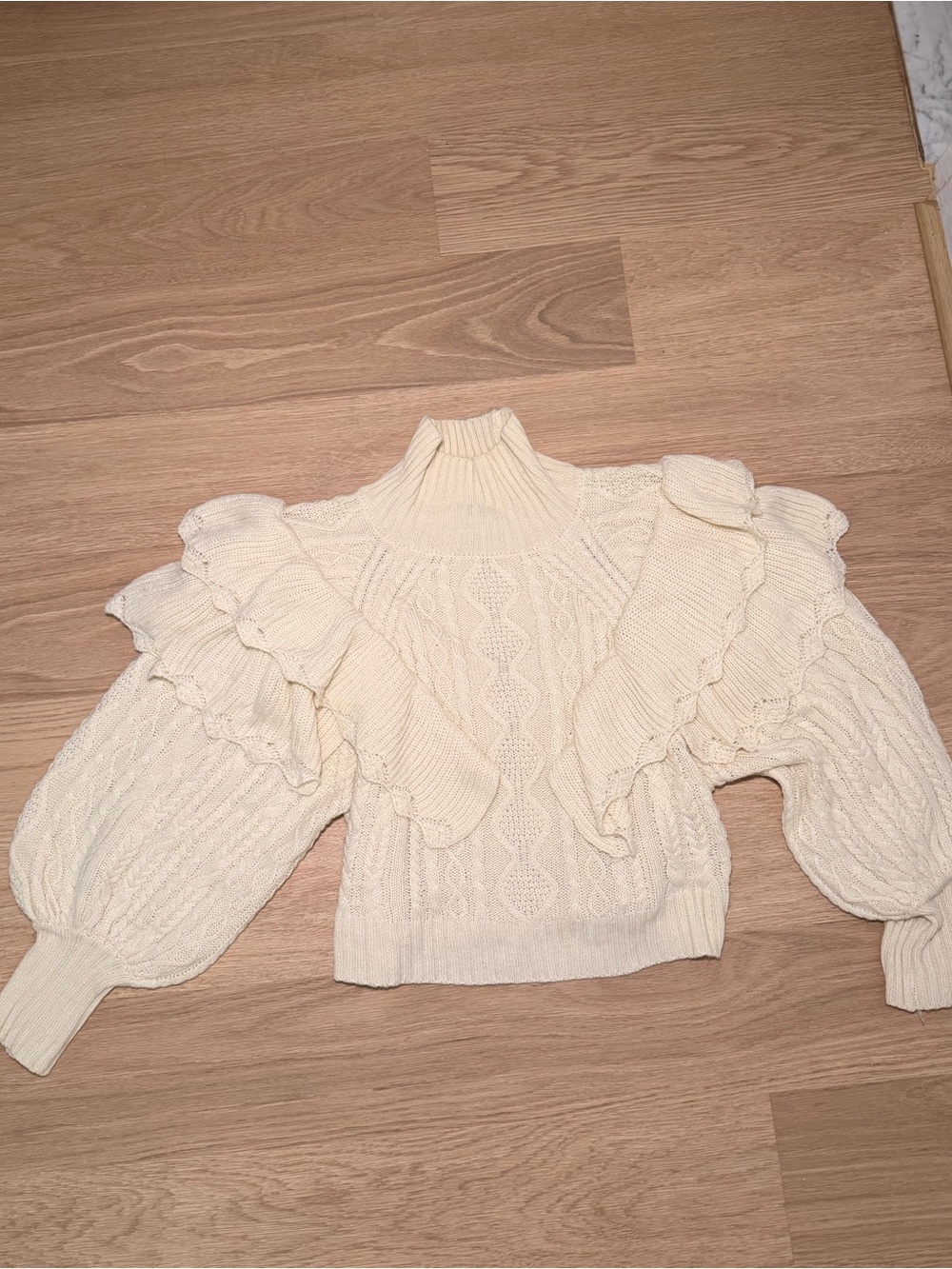 DAVI & DANI Cream Ruffle Cable Knit Turtleneck Sweater